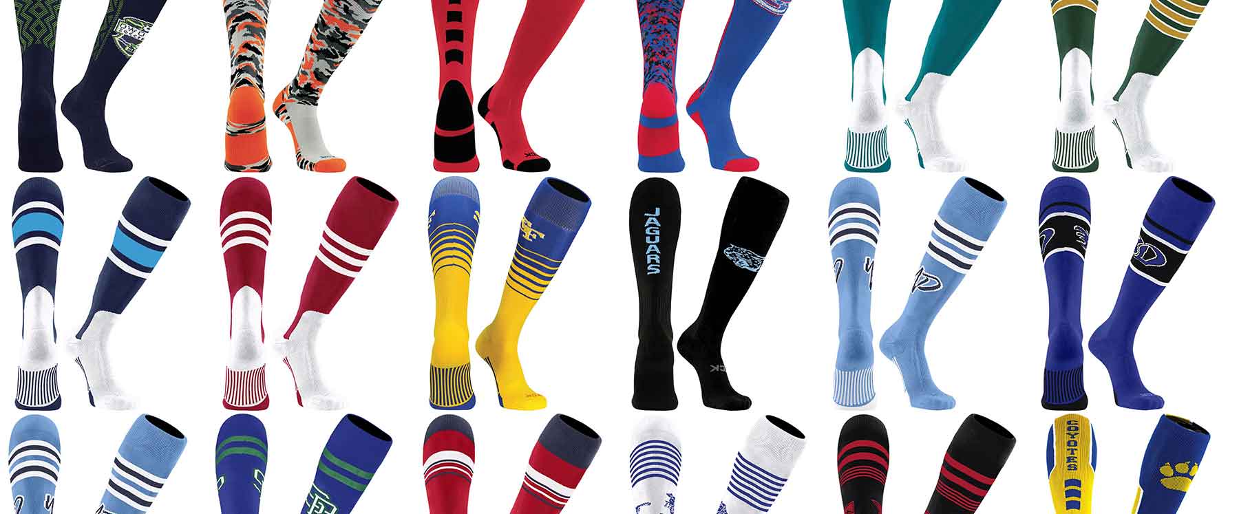 images of custom made team sports socks by TCK for baseball, softball, soccer, football, and basketball