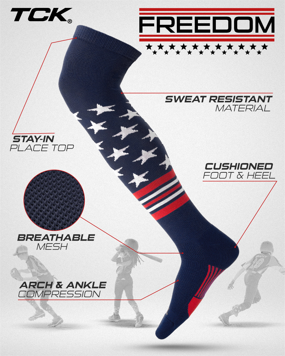 TCK Freedom Dugout USA Made Stars & Stripes OTK Socks
