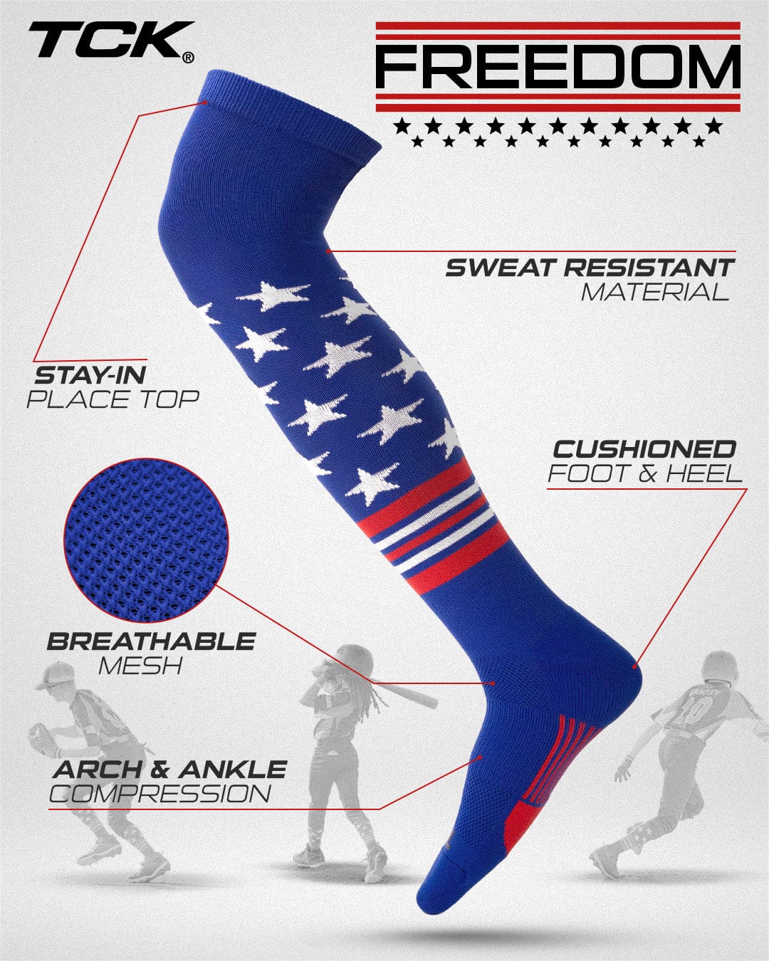 TCK Custom Over the Knee Baseball and Softball Socks - Dugout Freedom Pattern