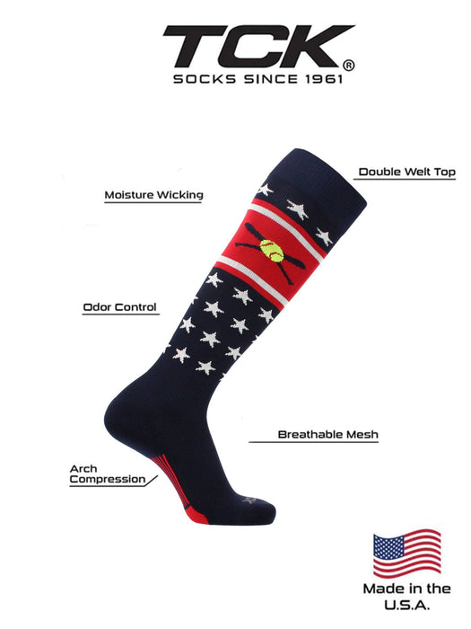 TCK Patriotic USA Softball Socks with Softball Bats Logo