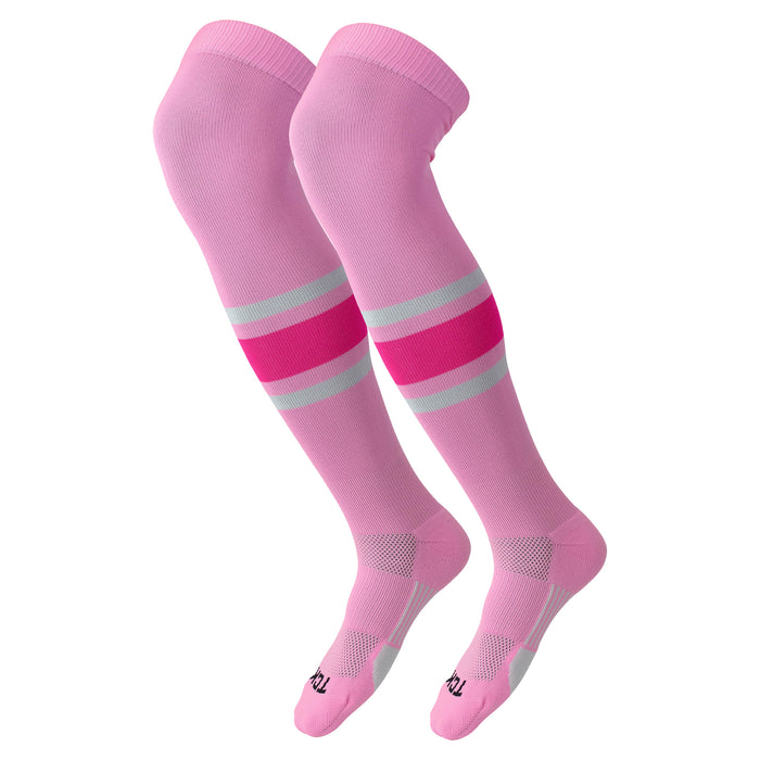 Dugout 3 Stripe Over the Knee Baseball Socks Pattern E (Pink/White/Hot Pink, Large)