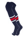 Dugout 3 Stripe Over the Knee Baseball Socks Pattern E (Navy/White/Scarlet, Large)