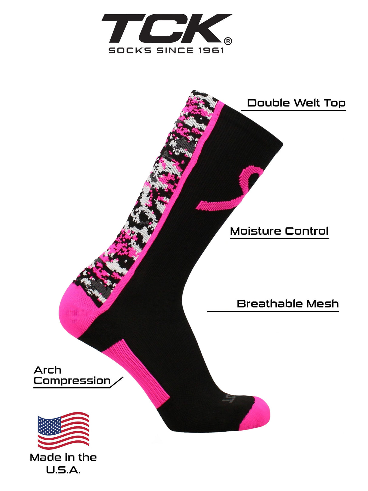 Pink Awareness Sports Socks Digital Camo Crew