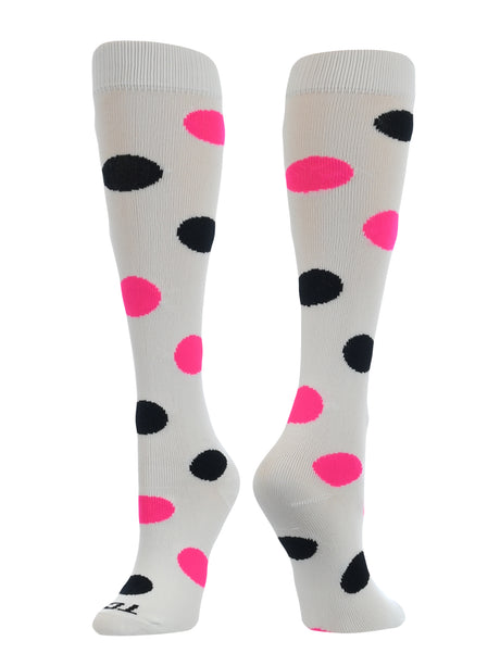 TCK Krazisox Polka Dot Over The Calf Socks (White/Hot Pink/Black, Small)