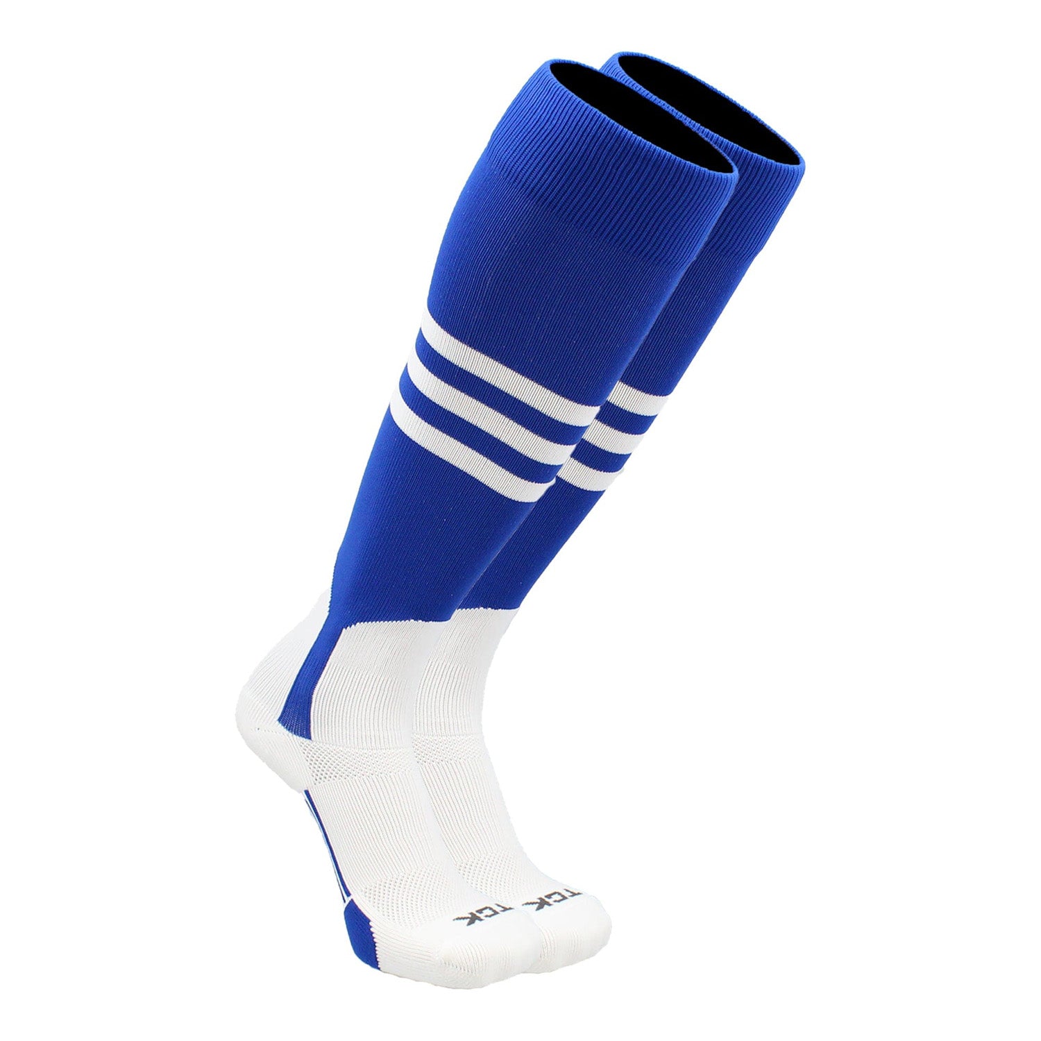 blue baseball stirrup socks with white stripes