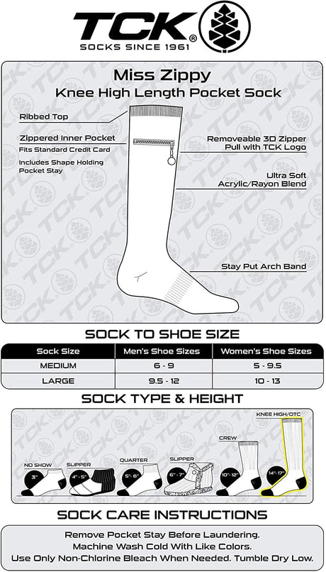 IQ 2 Pairs Black & Grey / Medium Performance Knee High Socks with Zip Pocket Miss Zippy