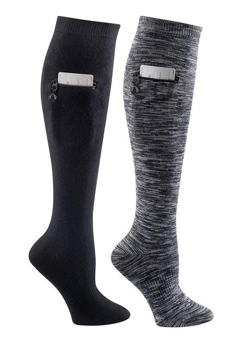 IQ 2 Pairs Black & Grey / Medium Performance Knee High Socks with Zip Pocket Miss Zippy