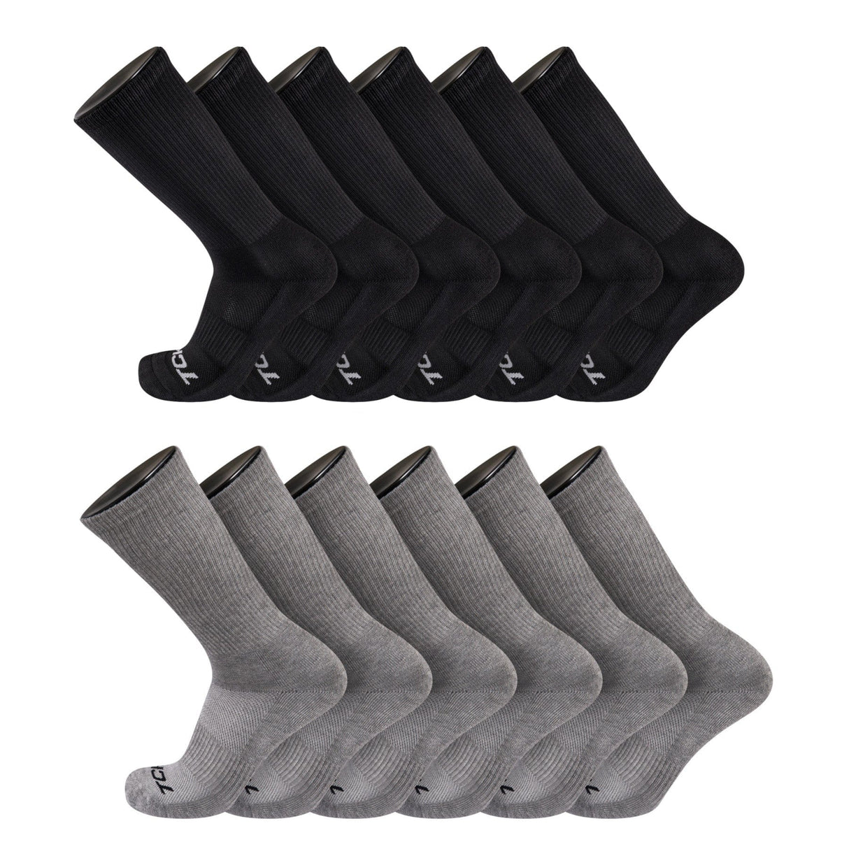 TCK 12 Pairs-Black/Grey / Large Seamless, Cushioned Crew Socks: Moisture Wicking Work & Sport