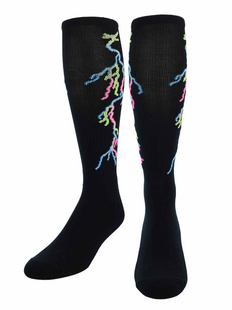TCK Black/Multi-Neon / Large Lightning Bolt Athletic Knee High Socks