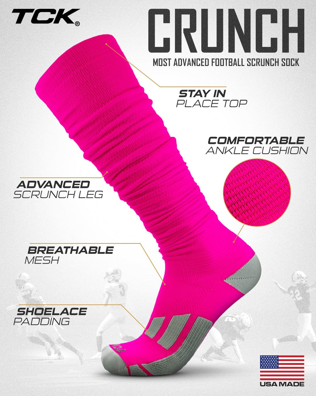 Long Football Scrunch Socks, Boys and Men's Sizes, White and Pink — TCK