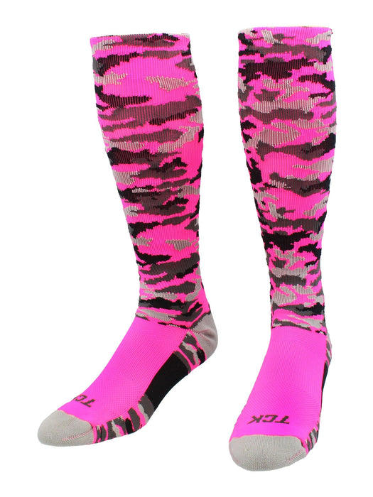 TCK Hot Pink Camo / Large Elite Long Sports Socks Woodland Camo Over the Calf