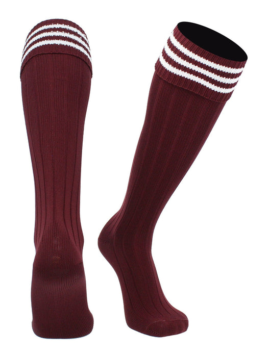 TCK Maroon White / Medium European Striped Soccer Socks Fold Down Top