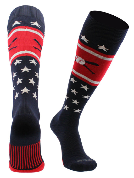 TCK Navy/Red/White / Large Patriotic USA Baseball Socks with Baseball Bats Logo