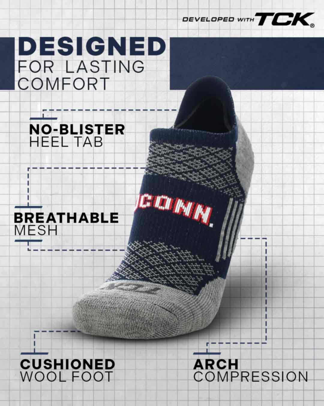 TCK UConn Huskies Tour No Show Tab Socks - Made in USA