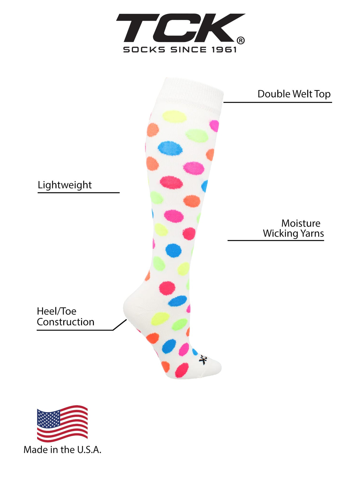 TCK White / Medium Krazisox White with Neon Polka Dots Socks