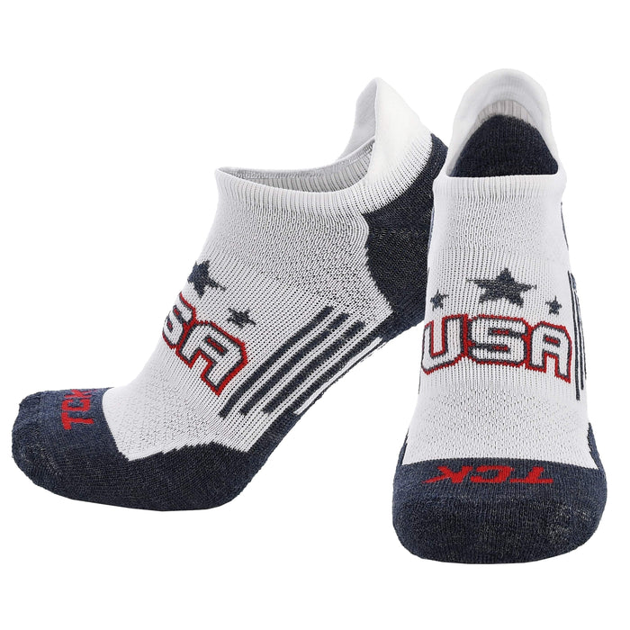 TCK White/Navy/Scarlet/Flag / Large Tour USA No Show Socks for Men & Women - Premium Sports Sock