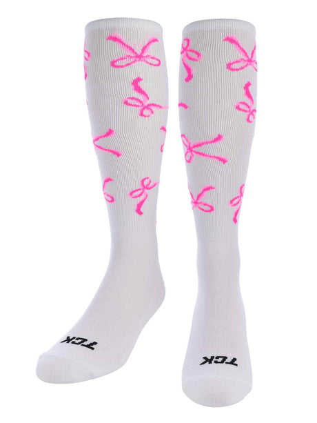 TCK White/Pink / Large Ribbon Bows Athletic Knee High Socks