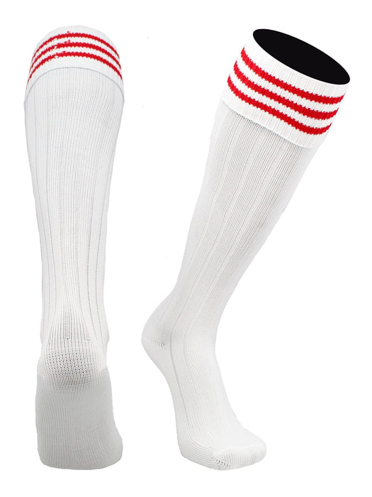 TCK White Scarlet / Large European Striped Soccer Socks Fold Down Top